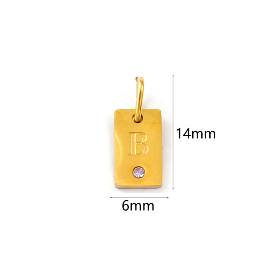 Picture of 2 PCs Eco-friendly PVD Vacuum Plating 304 Stainless Steel Capital Alphabet Initial Letter Name Charms 18K Real Gold Plated Rectangle Message " B " Mini Mauve Cubic Zirconia 14mm x 6mm