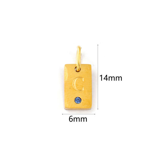 Picture of 2 PCs Eco-friendly PVD Vacuum Plating 304 Stainless Steel Capital Alphabet Initial Letter Name Charms 18K Real Gold Plated Rectangle Message " C " Mini Aqua Blue Cubic Zirconia 14mm x 6mm