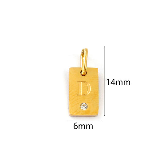 Picture of 2 PCs Eco-friendly PVD Vacuum Plating 304 Stainless Steel Capital Alphabet Initial Letter Name Charms 18K Real Gold Plated Rectangle Message " D " Mini Clear Cubic Zirconia 14mm x 6mm