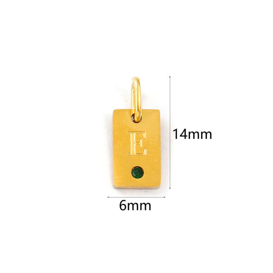 Picture of 2 PCs Eco-friendly PVD Vacuum Plating 304 Stainless Steel Capital Alphabet Initial Letter Name Charms 18K Real Gold Plated Rectangle Message " R " Mini Emerald Cubic Zirconia 14mm x 6mm