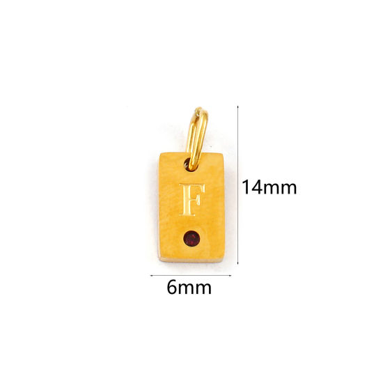 Picture of 2 PCs Eco-friendly PVD Vacuum Plating 304 Stainless Steel Capital Alphabet Initial Letter Name Charms 18K Real Gold Plated Rectangle Message " F " Mini Purple Cubic Zirconia 14mm x 6mm