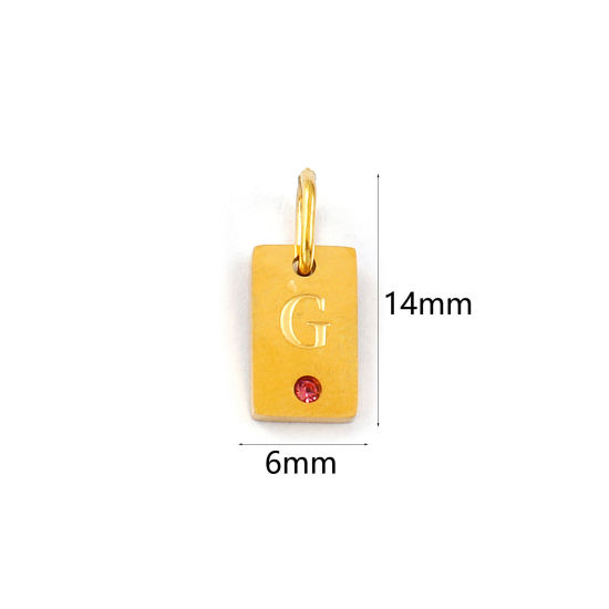 Picture of 2 PCs Eco-friendly PVD Vacuum Plating 304 Stainless Steel Capital Alphabet Initial Letter Name Charms 18K Real Gold Plated Rectangle Message " G " Mini Pink Cubic Zirconia 14mm x 6mm