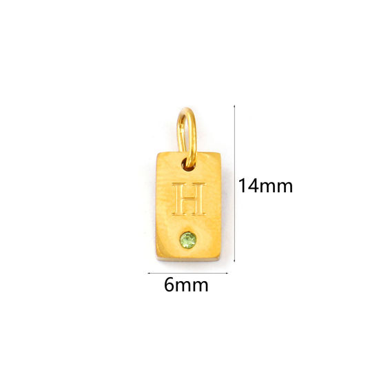 Picture of 2 PCs Eco-friendly PVD Vacuum Plating 304 Stainless Steel Capital Alphabet Initial Letter Name Charms 18K Real Gold Plated Rectangle Message " H " Mini Olive Green Cubic Zirconia 14mm x 6mm