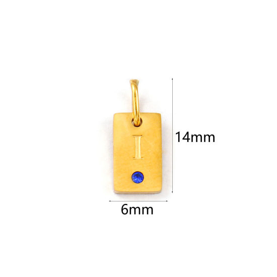 Picture of 2 PCs Eco-friendly PVD Vacuum Plating 304 Stainless Steel Capital Alphabet Initial Letter Name Charms 18K Real Gold Plated Rectangle Message " I " Mini Royal Blue Cubic Zirconia 14mm x 6mm