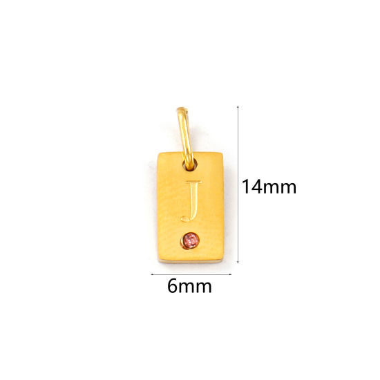 Picture of 2 PCs Eco-friendly PVD Vacuum Plating 304 Stainless Steel Capital Alphabet Initial Letter Name Charms 18K Real Gold Plated Rectangle Message " J " Mini Light Pink Cubic Zirconia 14mm x 6mm