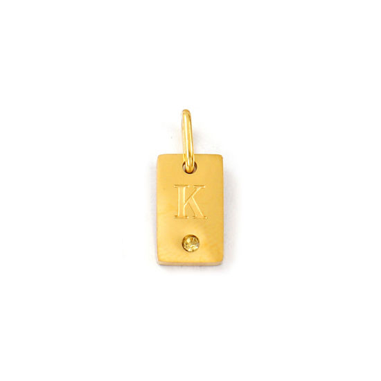 Picture of 2 PCs Eco-friendly PVD Vacuum Plating 304 Stainless Steel Capital Alphabet Initial Letter Name Charms 18K Real Gold Plated Rectangle Message " K " Mini Yellow Cubic Zirconia 14mm x 6mm