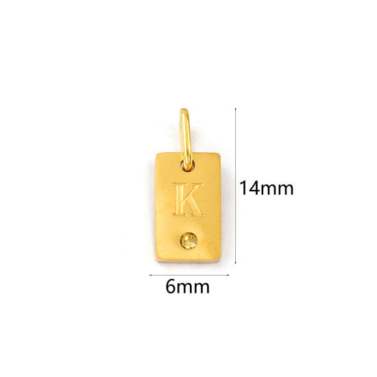 Picture of 2 PCs Eco-friendly PVD Vacuum Plating 304 Stainless Steel Capital Alphabet Initial Letter Name Charms 18K Real Gold Plated Rectangle Message " K " Mini Yellow Cubic Zirconia 14mm x 6mm
