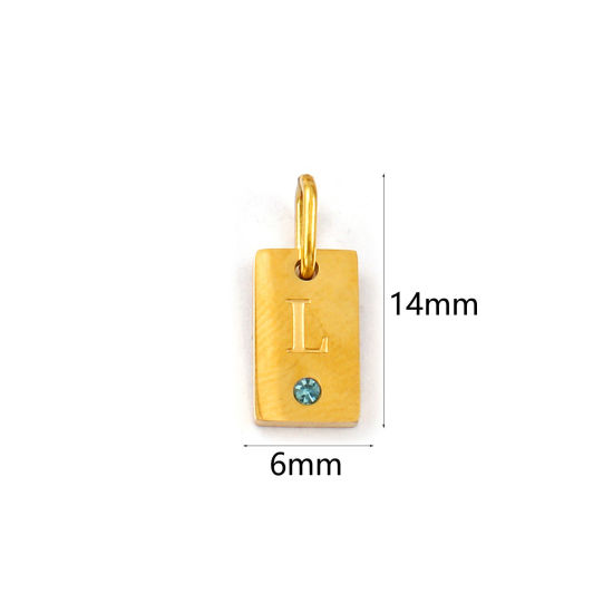 Picture of 2 PCs Eco-friendly PVD Vacuum Plating 304 Stainless Steel Capital Alphabet Initial Letter Name Charms 18K Real Gold Plated Rectangle Message " L " Mini Lake Blue Cubic Zirconia 14mm x 6mm