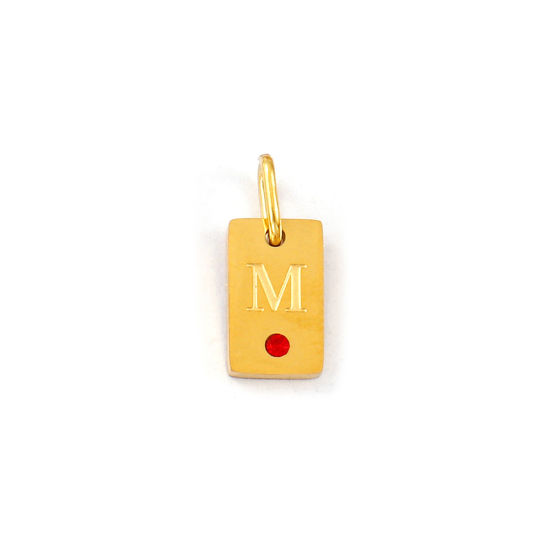 Picture of 2 PCs Eco-friendly PVD Vacuum Plating 304 Stainless Steel Capital Alphabet Initial Letter Name Charms 18K Real Gold Plated Rectangle Message " M " Mini Red Cubic Zirconia 14mm x 6mm