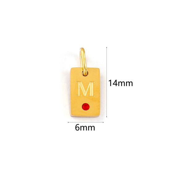 Picture of 2 PCs Eco-friendly PVD Vacuum Plating 304 Stainless Steel Capital Alphabet Initial Letter Name Charms 18K Real Gold Plated Rectangle Message " M " Mini Red Cubic Zirconia 14mm x 6mm
