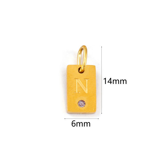 Picture of 2 PCs Eco-friendly PVD Vacuum Plating 304 Stainless Steel Capital Alphabet Initial Letter Name Charms 18K Real Gold Plated Rectangle Message " N " Mini Mauve Cubic Zirconia 14mm x 6mm