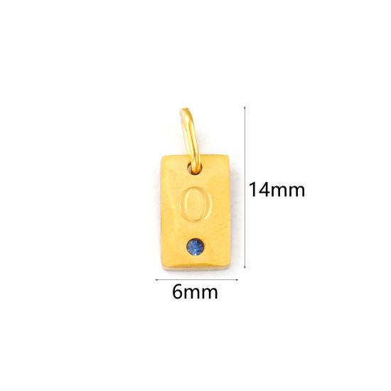 Picture of 2 PCs Eco-friendly PVD Vacuum Plating 304 Stainless Steel Capital Alphabet Initial Letter Name Charms 18K Real Gold Plated Rectangle Message " O " Mini Aqua Blue Cubic Zirconia 14mm x 6mm