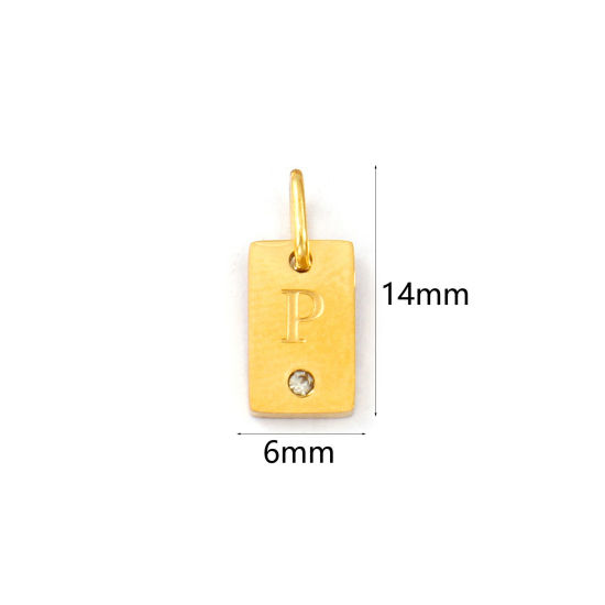 Picture of 2 PCs Eco-friendly PVD Vacuum Plating 304 Stainless Steel Capital Alphabet Initial Letter Name Charms 18K Real Gold Plated Rectangle Message " P " Mini Clear Cubic Zirconia 14mm x 6mm