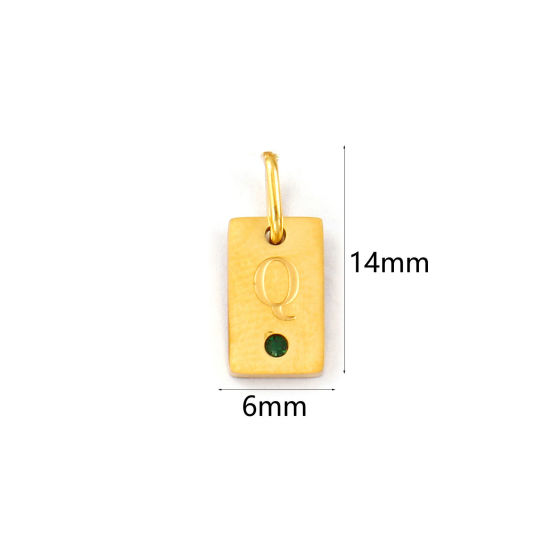 Picture of 2 PCs Eco-friendly PVD Vacuum Plating 304 Stainless Steel Capital Alphabet Initial Letter Name Charms 18K Real Gold Plated Rectangle Message " Q " Mini Emerald Cubic Zirconia 14mm x 6mm