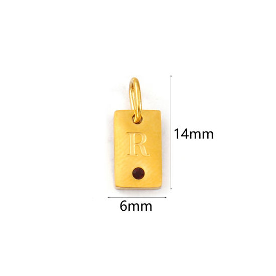 Picture of 2 PCs Eco-friendly PVD Vacuum Plating 304 Stainless Steel Capital Alphabet Initial Letter Name Charms 18K Real Gold Plated Rectangle Message " R " Mini Purple Cubic Zirconia 14mm x 6mm