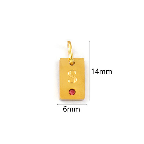 Picture of 2 PCs Eco-friendly PVD Vacuum Plating 304 Stainless Steel Capital Alphabet Initial Letter Name Charms 18K Real Gold Plated Rectangle Message " S " Mini Pink Cubic Zirconia 14mm x 6mm