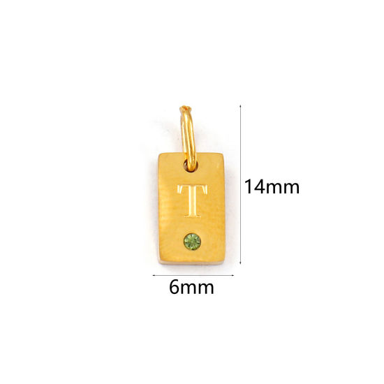 Picture of 2 PCs Eco-friendly PVD Vacuum Plating 304 Stainless Steel Capital Alphabet Initial Letter Name Charms 18K Real Gold Plated Rectangle Message " T " Mini Olive Green Cubic Zirconia 14mm x 6mm