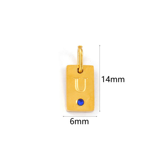 Picture of 2 PCs Eco-friendly PVD Vacuum Plating 304 Stainless Steel Capital Alphabet Initial Letter Name Charms 18K Real Gold Plated Rectangle Message " U " Mini Royal Blue Cubic Zirconia 14mm x 6mm