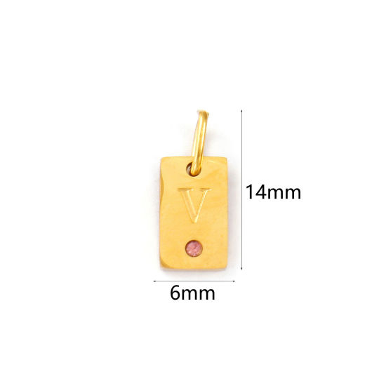 Picture of 2 PCs Eco-friendly PVD Vacuum Plating 304 Stainless Steel Capital Alphabet Initial Letter Name Charms 18K Real Gold Plated Rectangle Message " V " Mini Light Pink Cubic Zirconia 14mm x 6mm