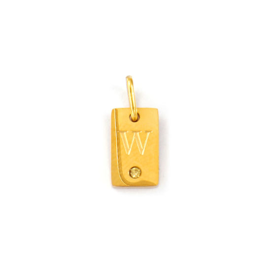 Picture of 2 PCs Eco-friendly PVD Vacuum Plating 304 Stainless Steel Capital Alphabet Initial Letter Name Charms 18K Real Gold Plated Rectangle Message " W " Mini Yellow Cubic Zirconia 14mm x 6mm