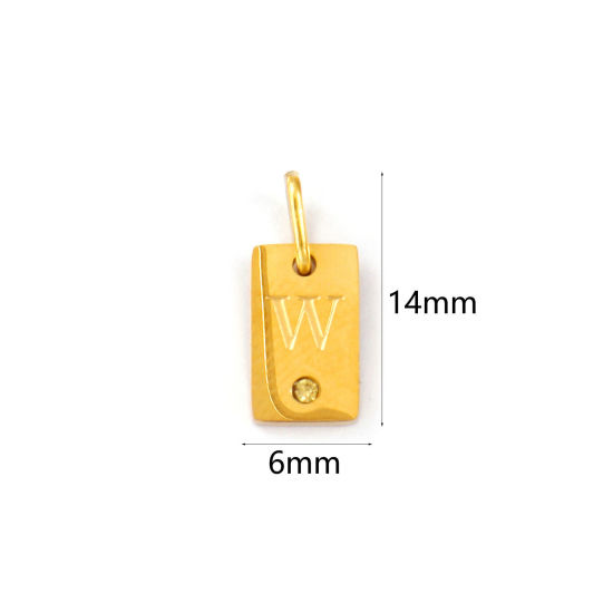Picture of 2 PCs Eco-friendly PVD Vacuum Plating 304 Stainless Steel Capital Alphabet Initial Letter Name Charms 18K Real Gold Plated Rectangle Message " W " Mini Yellow Cubic Zirconia 14mm x 6mm