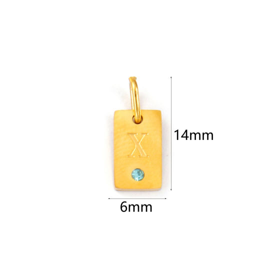 Picture of 2 PCs Eco-friendly PVD Vacuum Plating 304 Stainless Steel Capital Alphabet Initial Letter Name Charms 18K Real Gold Plated Rectangle Message " X " Mini Lake Blue Cubic Zirconia 14mm x 6mm