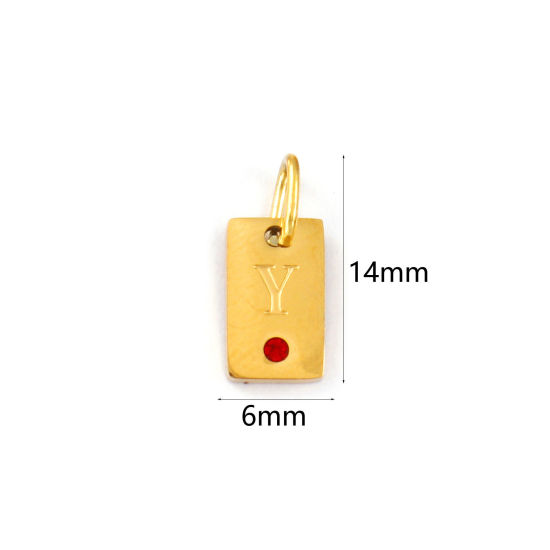 Picture of 2 PCs Eco-friendly PVD Vacuum Plating 304 Stainless Steel Capital Alphabet Initial Letter Name Charms 18K Real Gold Plated Rectangle Message " Y " Mini Red Cubic Zirconia 14mm x 6mm