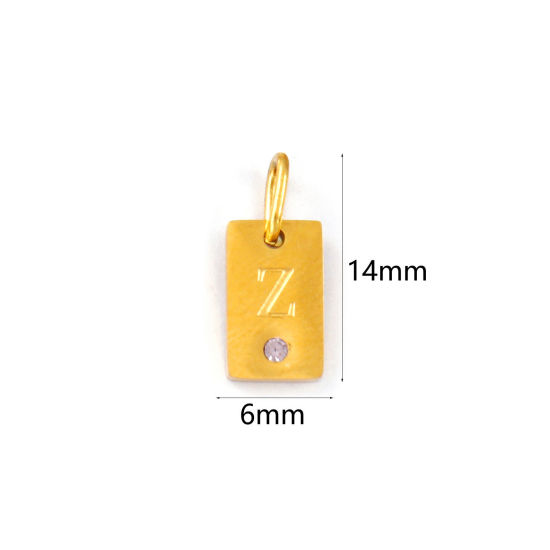 Picture of 2 PCs Eco-friendly PVD Vacuum Plating 304 Stainless Steel Capital Alphabet Initial Letter Name Charms 18K Real Gold Plated Rectangle Message " Z " Mini Mauve Cubic Zirconia 14mm x 6mm