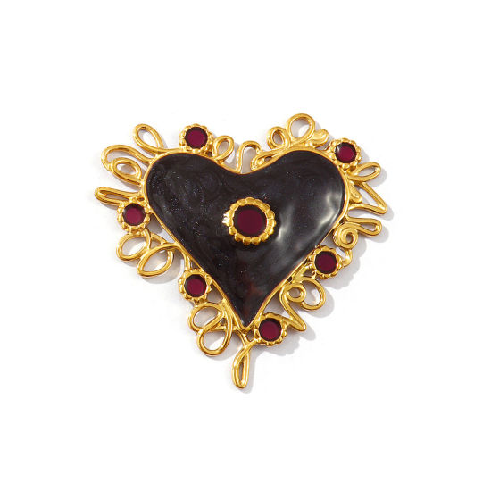 1 個 エコフレンドリー PVD真空メッキ 304ステンレス鋼 バレンタイン・デー ペンダント 18Kリアルゴールドメッキ コーヒー色 エナメル 透かし 5.6cm x 5.4cm、 の画像