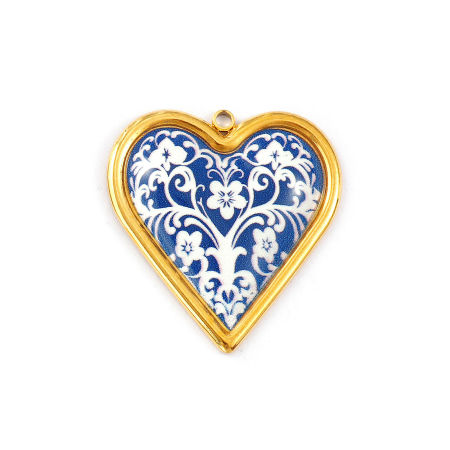 Picture of 2 PCs Eco-friendly PVD Vacuum Plating Waterproof Anti-Tarnish Hypoallergenic 304 Stainless Steel Valentine's Day Pendants 18K Real Gold Plated Blue Heart Flower Vine Printed 3.1cm x 2.9cm