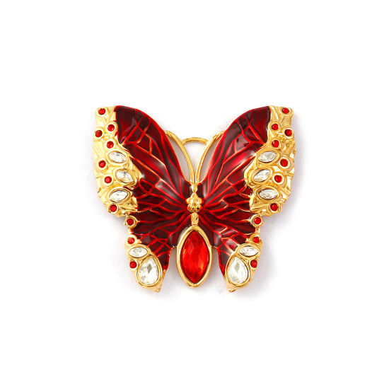 1 個 エコフレンドリー PVD真空メッキ 304ステンレス鋼 昆虫 ペンダント 18Kリアルゴールドメッキ 赤 エナメル 蝶 レッド ラインストーン 4.5cm x 4.2cm、 の画像