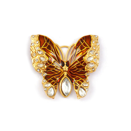 1 個 エコフレンドリー PVD真空メッキ 304ステンレス鋼 昆虫 ペンダント 18Kリアルゴールドメッキ ブラウン エナメル 蝶 透明 ラインストーン 4.5cm x 4.2cm、 の画像