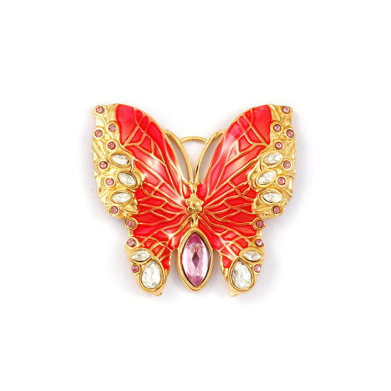 1 個 エコフレンドリー PVD真空メッキ 304ステンレス鋼 昆虫 ペンダント 18Kリアルゴールドメッキ オレンジピンク エナメル 蝶 ピンク ラインストーン 4.5cm x 4.2cm、 の画像