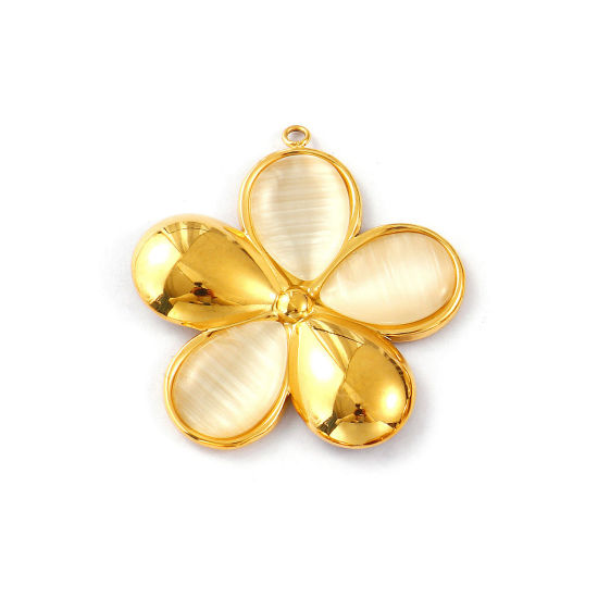 Изображение 1 ШТ Экологичное вакуумное PVD-покрытие 304 Нержавеющеая Сталь И Смолы Коллекция Флоры Подвески 18K настоящее золото с покрытием Бежевый Цветы Цимофана Имитация 3.6см x 3.4см
