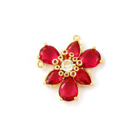 Bild von 1 Stück Messing und Glas Stilvoll Steckverbinder Charms Anhänger 18K Vergoldet Fuchsie Blumen Klar Kubischer Zirkon 23mm x 23mm