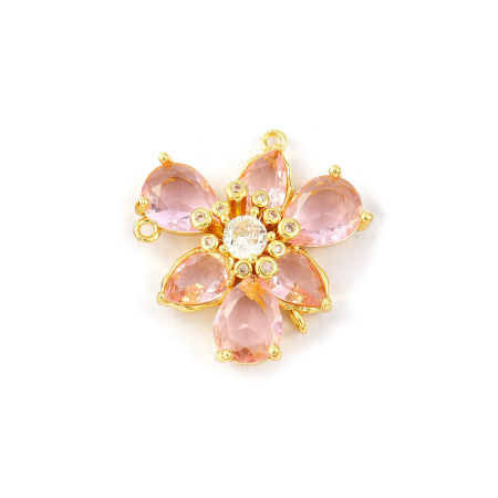 Bild von 1 Stück Messing und Glas Stilvoll Steckverbinder Charms Anhänger 18K Vergoldet Rosa Blumen Klar Kubischer Zirkon 23mm x 23mm