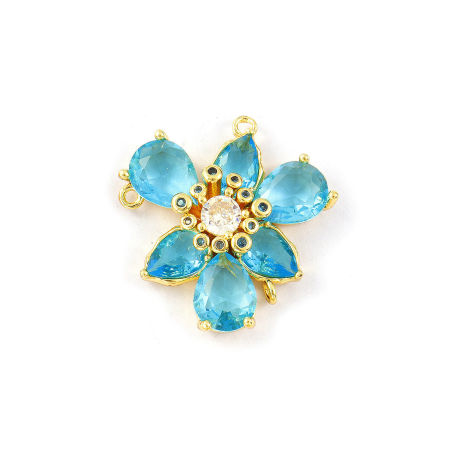 Bild von 1 Stück Messing und Glas Stilvoll Steckverbinder Charms Anhänger 18K Vergoldet Azurblau Blumen Klar Kubischer Zirkon 23mm x 23mm