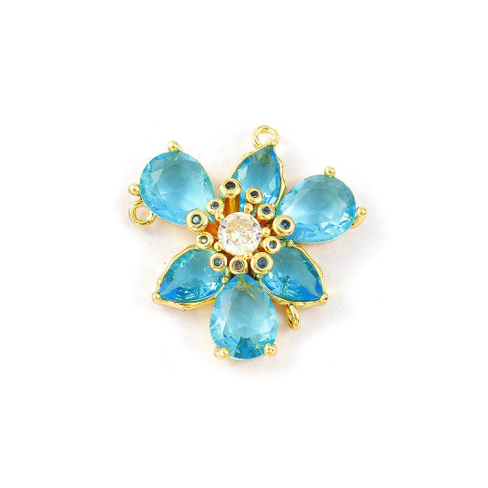 Immagine di 1 Pz Ottone & Vetro Elegante Pendenti Charms Connettori Placcato Oro 18K Lago Blu Fiore Trasparente Cubic Zirconiae 23mm x 23mm