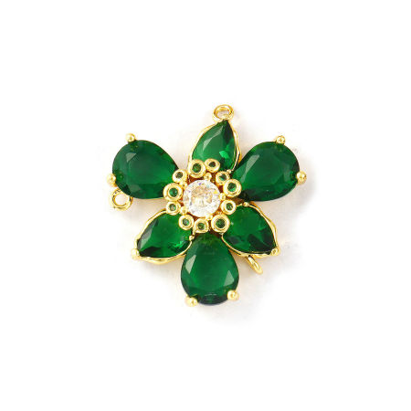 Bild von 1 Stück Messing und Glas Stilvoll Steckverbinder Charms Anhänger 18K Vergoldet Smaragd Blumen Klar Kubischer Zirkon 23mm x 23mm
