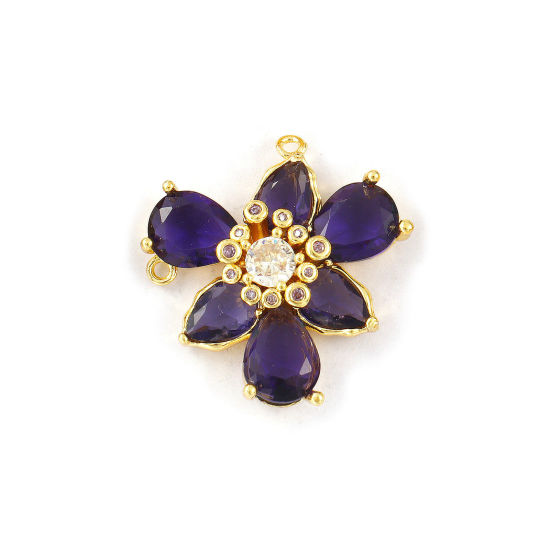 Immagine di 1 Pz Ottone & Vetro Elegante Pendenti Charms Connettori Placcato Oro 18K Viola Scuro Fiore Trasparente Cubic Zirconiae 23mm x 23mm