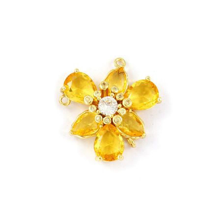 Bild von 1 Stück Messing und Glas Stilvoll Steckverbinder Charms Anhänger 18K Vergoldet Gelb Blumen Klar Kubischer Zirkon 23mm x 23mm