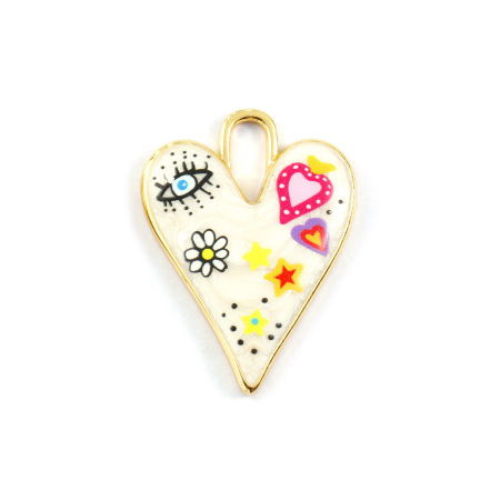 Image de 1 Pièce Pendentifs La Saint Valentin Respectueux de la Nature en Laiton Plaqué Or Véritable 18K Multicolore Émail Cœur Yeux Imprimé 3.5cm x 2.6cm