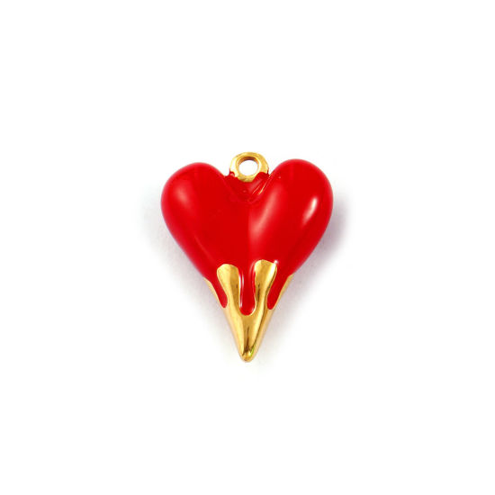 Изображение 1 Piece Eco-friendly PVD Vacuum Plating Waterproof Anti-Tarnish Hypoallergenic 304 Stainless Steel Valentine's Day Charms 18K Real Gold Plated Red Enamel Heart 3D 24mm x 19mm