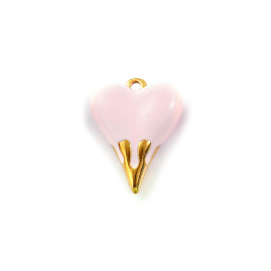 Изображение 1 Piece Eco-friendly PVD Vacuum Plating Waterproof Anti-Tarnish Hypoallergenic 304 Stainless Steel Valentine's Day Charms 18K Real Gold Plated Light Pink Enamel Heart 3D 24mm x 19mm