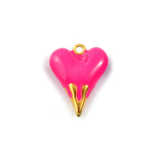 Изображение 1 Piece Eco-friendly PVD Vacuum Plating Waterproof Anti-Tarnish Hypoallergenic 304 Stainless Steel Valentine's Day Charms 18K Real Gold Plated Fuchsia Enamel Heart 3D 24mm x 19mm
