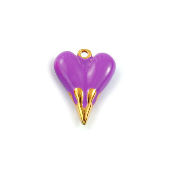 Изображение 1 Piece Eco-friendly PVD Vacuum Plating Waterproof Anti-Tarnish Hypoallergenic 304 Stainless Steel Valentine's Day Charms 18K Real Gold Plated Purple Enamel Heart 3D 24mm x 19mm