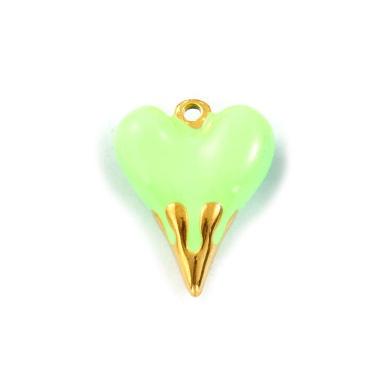 Изображение 1 Piece Eco-friendly PVD Vacuum Plating Waterproof Anti-Tarnish Hypoallergenic 304 Stainless Steel Valentine's Day Charms 18K Real Gold Plated Green Enamel Heart 3D 24mm x 19mm