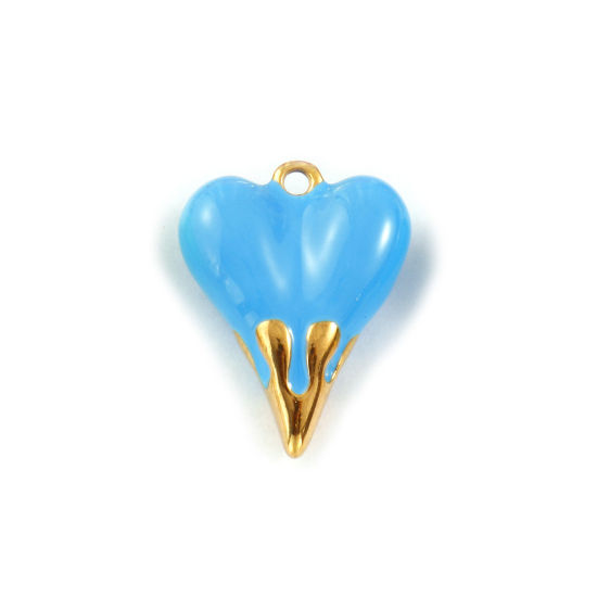 Изображение 1 Piece Eco-friendly PVD Vacuum Plating Waterproof Anti-Tarnish Hypoallergenic 304 Stainless Steel Valentine's Day Charms 18K Real Gold Plated Blue Enamel Heart 3D 24mm x 19mm