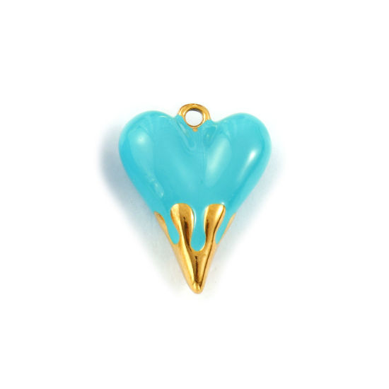 Изображение 1 Piece Eco-friendly PVD Vacuum Plating Waterproof Anti-Tarnish Hypoallergenic 304 Stainless Steel Valentine's Day Charms 18K Real Gold Plated Green Blue Enamel Heart 3D 24mm x 19mm