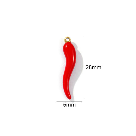 Изображение 2 PCs Eco-friendly PVD Vacuum Plating Waterproof Anti-Tarnish Hypoallergenic 304 Stainless Steel Charms 18K Real Gold Plated Red Enamel Cornicello Italian Horn Chili 28mm x 6mm